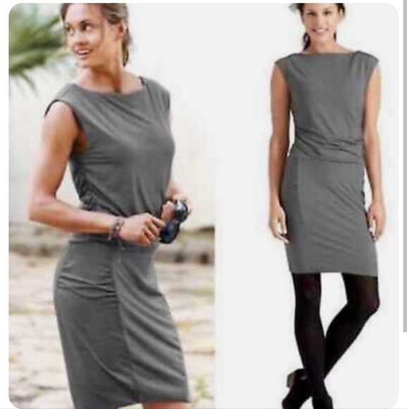 Athleta Westwood Dress Micro Stripe Gray Sleeveless Ruched Size M - Picture 13 of 14